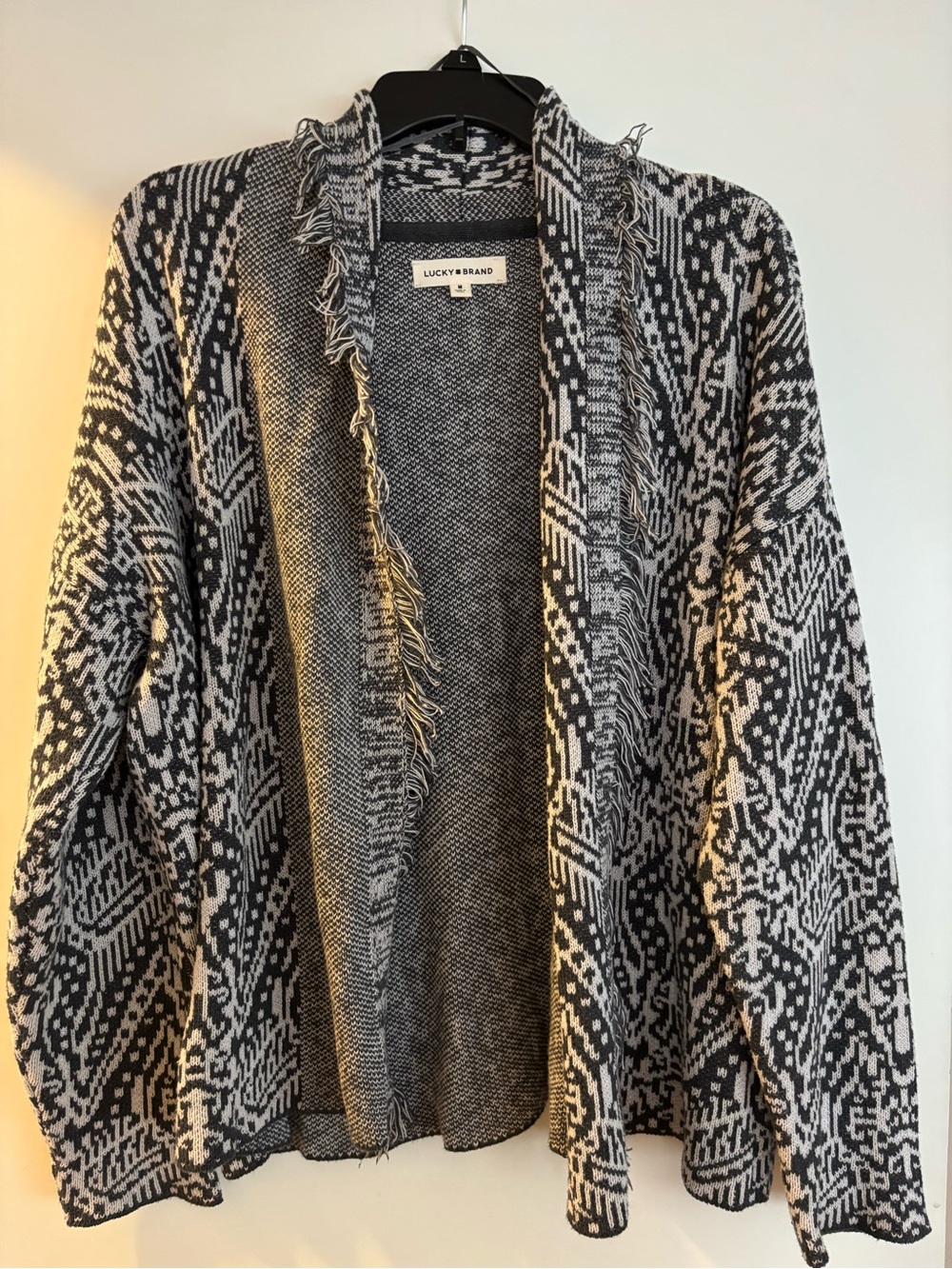 Lucky Brand Black and White Geometric Knit Cardigan with Fringe
